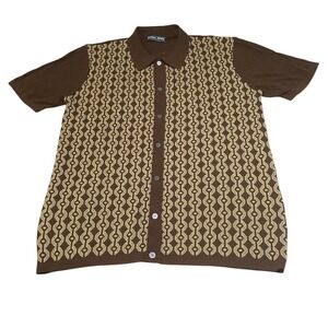 PJ Paul Jones Mens Brown Geometric Knit Button Down Short Sleeve Shirt Large